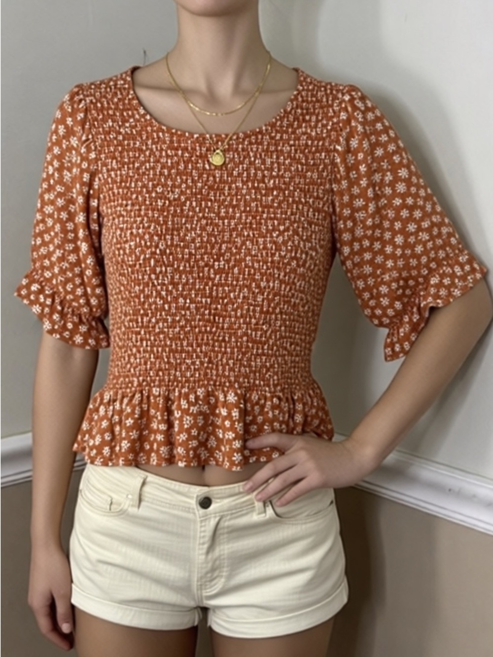 💚 5 for $25! MELLODAY Orange Floral Smocked Peplum Blouse